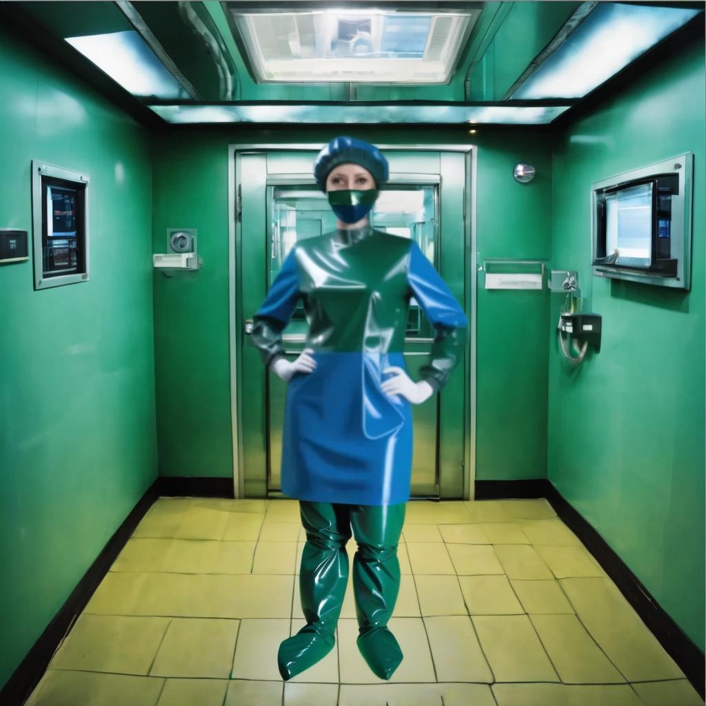  legs together, operating room shoes, identical high surgical shoe covers, knee high, with elastic cuffs up shoe covers, (the lower half from sole to ankle, from glossy latex dark green:1.3), (the upper half from ankle to knee, from glossy latex dark blue:1.5), (flat soled, without heels:1.2), front view, full face, full length hyperrealistic, full body, detailed clothing, highly detailed, cinematic lighting, stunningly beautiful, intricate, sharp focus, f/1. 8, 85mm, (centered image composition), (professionally color graded), ((bright soft diffused light)), volumetric fog, trending on instagram, trending on tumblr, HDR 4K, 8K