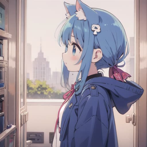  master piece , best quality,Profile Long twin tail hair, knobby hair, blue coat, long ribbon, cat ears