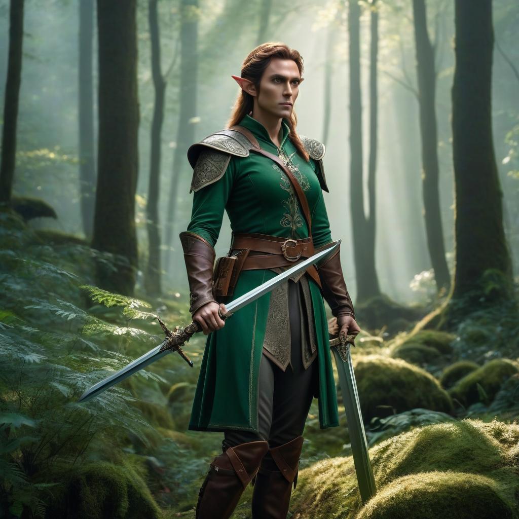  Photo, Elf with a sword, in the forest, fully . hyperrealistic, full body, detailed clothing, highly detailed, cinematic lighting, stunningly beautiful, intricate, sharp focus, f/1. 8, 85mm, (centered image composition), (professionally color graded), ((bright soft diffused light)), volumetric fog, trending on instagram, trending on tumblr, HDR 4K, 8K