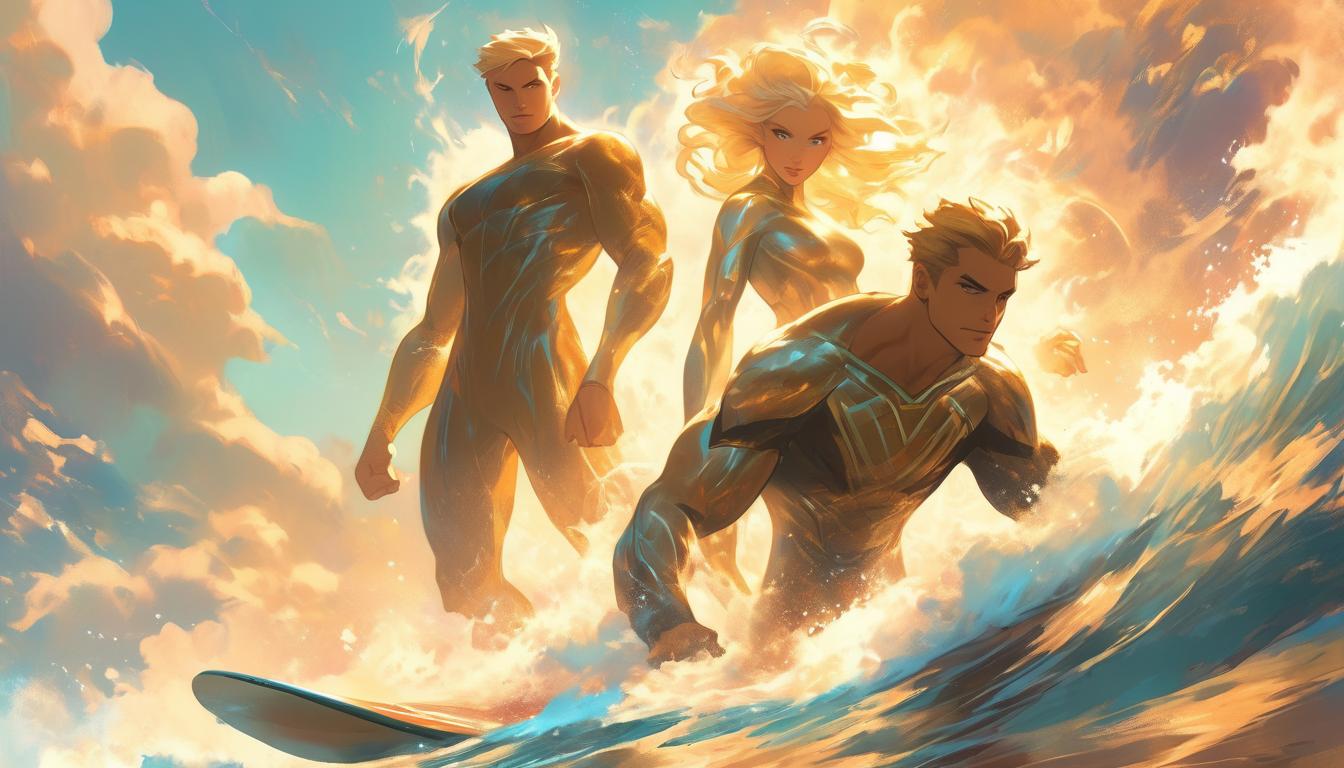  hyperrealism,fantasy aesthetic1woman1man, large busted attractive blonde arian female humanoid and handsome brunette male humanoid, surfing on transformative energy waves, cosmic backdrop, high tech clothing clad in sleek, futuristic costume with metallic accents and form fitting designs, marvel superhero comics style, unreal engine rendering