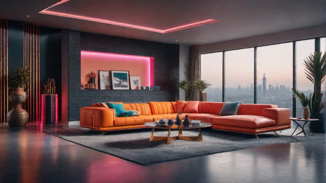  Create an image of a living room decorated in 80's home interior style, featuring bold geometric patterns, neon colors, and oversized mirrored accents. additional guidelines The image should showcase a mix of vintage furniture pieces from the 1980s era, such as a geometric print sofa, a mirrored coffee table, and a neon sign displaying a popular 80's quote. hyperrealistic, full body, detailed clothing, highly detailed, cinematic lighting, stunningly beautiful, intricate, sharp focus, f/1. 8, 85mm, (centered image composition), (professionally color graded), ((bright soft diffused light)), volumetric fog, trending on instagram, trending on tumblr, HDR 4K, 8K