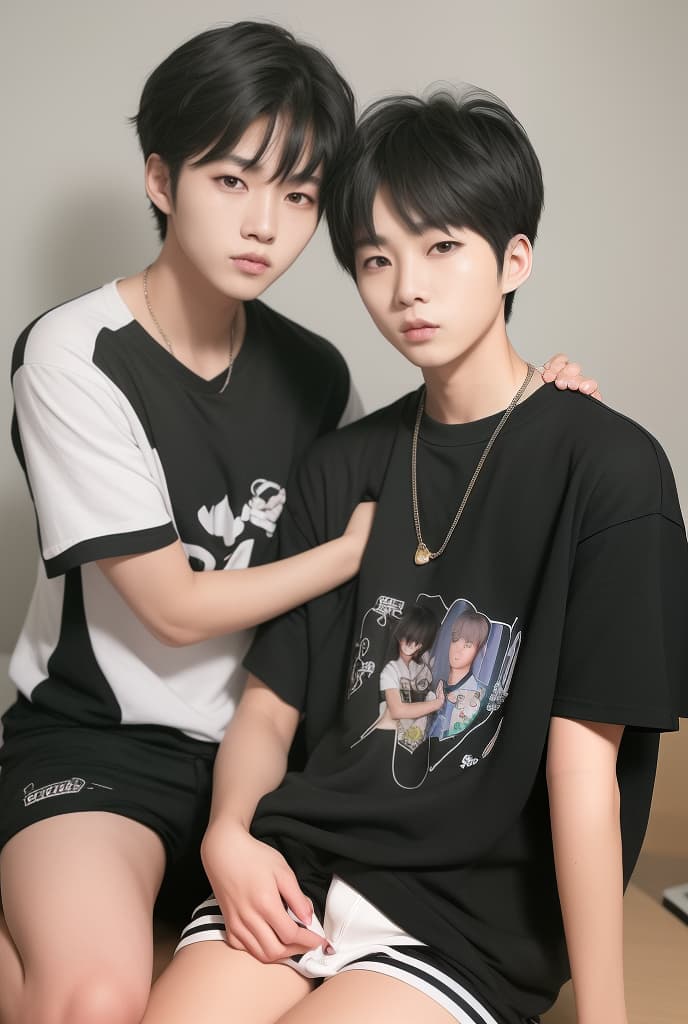  Asian twin boys, good looking, Kpop idol, black hair, dark eyes, good figure, in the bedroom, wearing t shirt and shorts, perfect face, ADVERTISING PHOTO,high quality, good proportion, masterpiece , The image is captured with an 8k camera