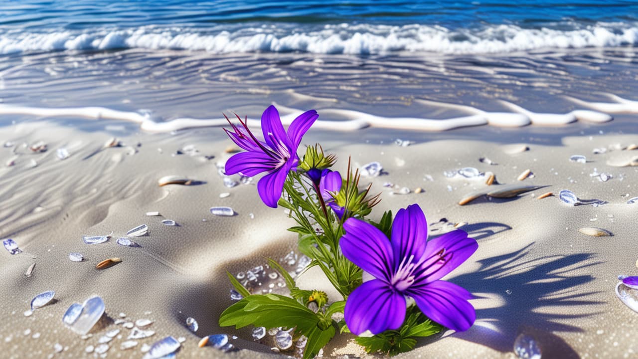  best quality, HD, Beach summer panoramic background with Crane's bill flower on the cristal sand and glory water