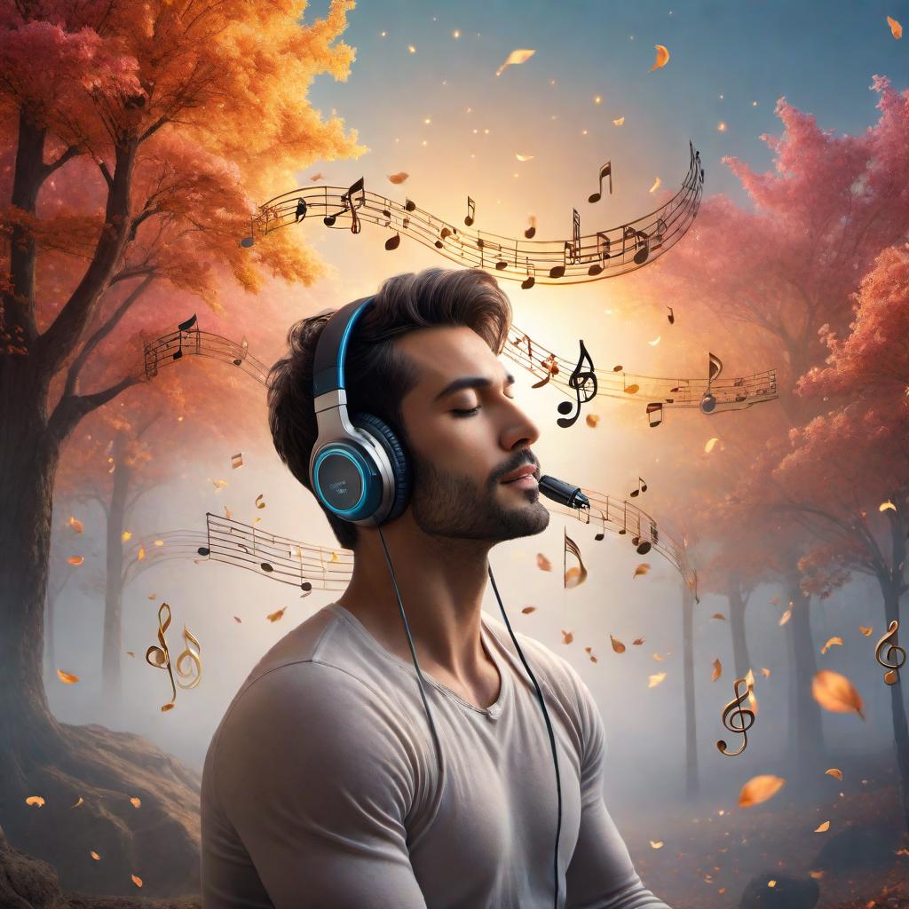  A serene scene capturing the essence of a song that speaks to the soul. A person is sitting quietly, listening to music with a sense of calm and deep emotion on their face. Soft musical notes floating in the air around them, glowing gently. The background is abstract, filled with warm, inviting colors that represent the soothing and soul-touching nature of the music. hyperrealistic, full body, detailed clothing, highly detailed, cinematic lighting, stunningly beautiful, intricate, sharp focus, f/1. 8, 85mm, (centered image composition), (professionally color graded), ((bright soft diffused light)), volumetric fog, trending on instagram, trending on tumblr, HDR 4K, 8K