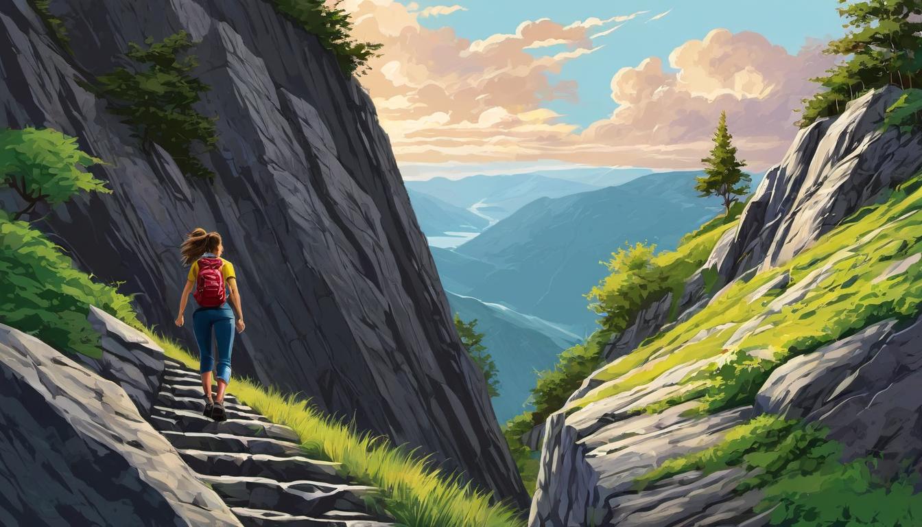  digital illustration, 1woman, climbing a steep hill, rough path, determined stance, reaching peaks, building resilience, teaching, climbing, perseverance, strength, looking at viewer, dynamic pose, (intricate details, masterpiece, best quality)