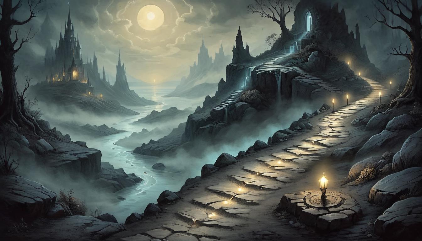  on parchment, surrealism+++, Illuminated footprints on a dark, rocky path, soft light guiding the way, ethereal glow, divine presence, protective(mysterious, provocative, symbolic,muted color)+++