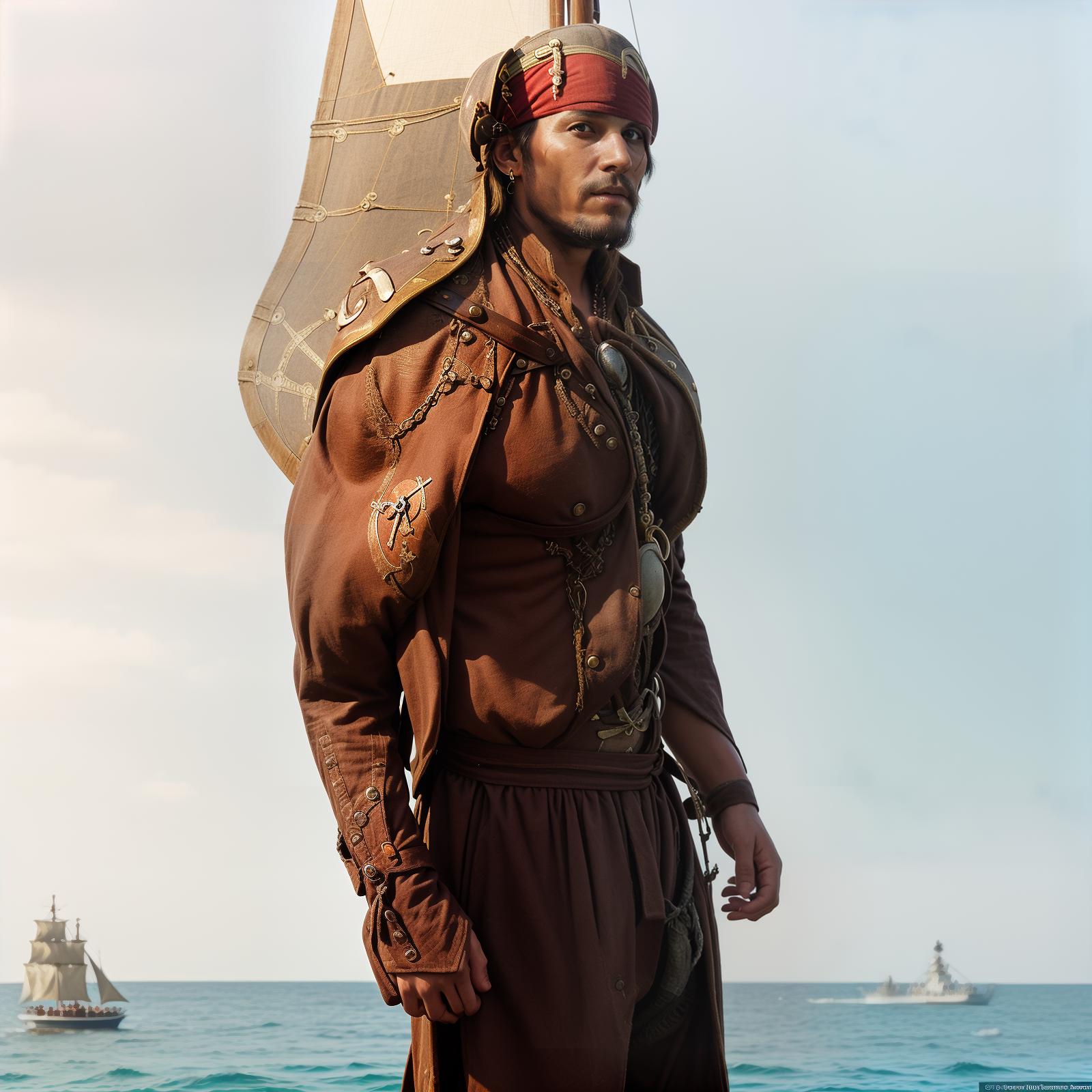  Image of a pirate. Pirate themed elements such as an eye patch, a tricorn hat, a parrot on the shoulder, a pirate coat, and a background featuring a pirate ship or a treasure island. A big sea on the background. The final image should be vibrant, very detailed