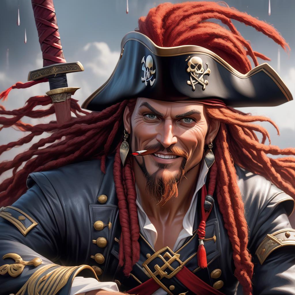  (Masterpiece, oil painting: 1.5), canvas, oil, Captain Jack the Pirate with a grin, long red dreadlocks, holding a sword in his hat, intense gaze focused on the viewer, in the style of Alex Ross, with many small details, drips of paint, thick brushstrokes, close up view, perfect composition, highly textured canvas and oil, (greater attention to details: 1.5), 8K hyperrealistic, full body, detailed clothing, highly detailed, cinematic lighting, stunningly beautiful, intricate, sharp focus, f/1. 8, 85mm, (centered image composition), (professionally color graded), ((bright soft diffused light)), volumetric fog, trending on instagram, trending on tumblr, HDR 4K, 8K