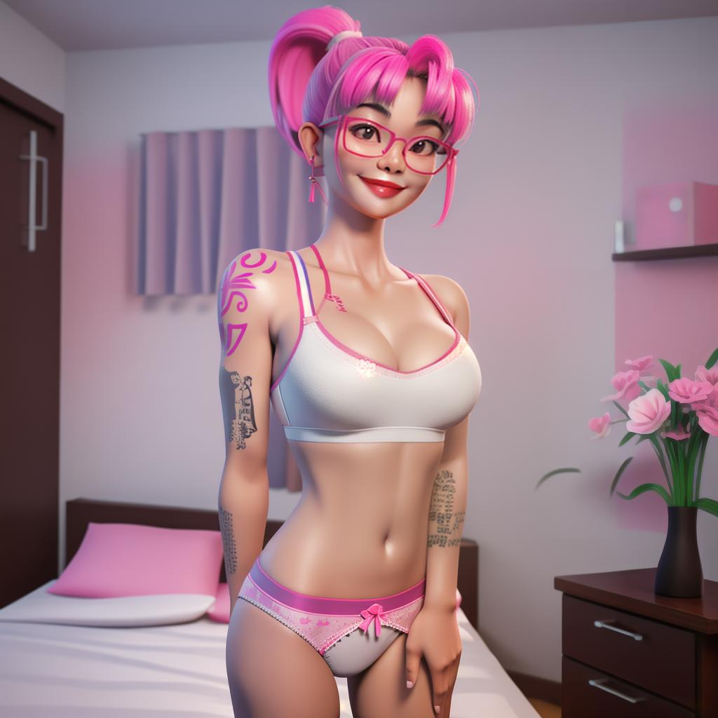  3D render of a Thai woman standing the bedroom, smile, (pink ponytail with bangs), breasts, lipstick, white bra and micro panty with pink waistband, optic glasses, (colorful tattoos:1.3), sexy pose