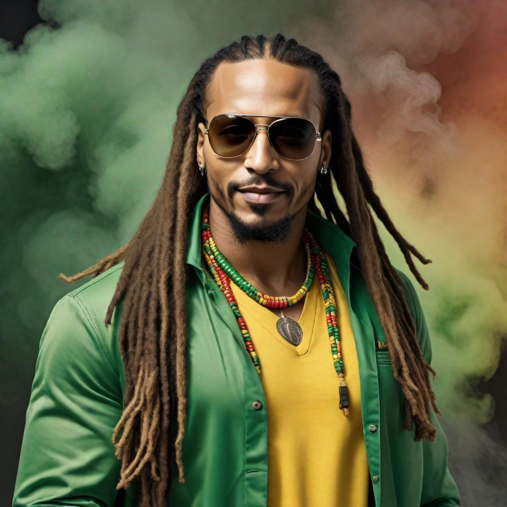  A visual representation combining features of Sean Paul and Bob Marley into one person. This character should have the iconic dreadlocks of Bob Marley and the stylish aura of Sean Paul. The character should be smiling and relaxed, holding a weed joint in one hand and a bong in the other hand, smoking from the bong. There should be a cloud of smoke surrounding him, and the background should reflect a reggae theme with bright and colorful elements typical of Rastafarian culture. hyperrealistic, full body, detailed clothing, highly detailed, cinematic lighting, stunningly beautiful, intricate, sharp focus, f/1. 8, 85mm, (centered image composition), (professionally color graded), ((bright soft diffused light)), volumetric fog, trending on instagram, trending on tumblr, HDR 4K, 8K