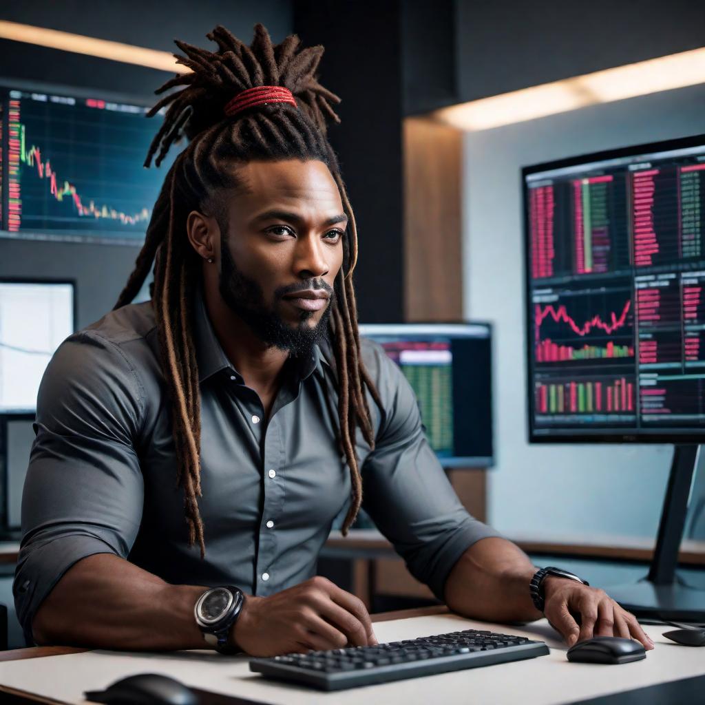  A black man with dreadlocks, trading forex. He is sitting at a desk with multiple computer screens showing forex charts and financial data. The room has a professional, modern vibe with some subtle hints of success, such as motivational posters or motivational elements. At the top of the image, in bold, impactful letters, include the caption: 'YAH DID'. hyperrealistic, full body, detailed clothing, highly detailed, cinematic lighting, stunningly beautiful, intricate, sharp focus, f/1. 8, 85mm, (centered image composition), (professionally color graded), ((bright soft diffused light)), volumetric fog, trending on instagram, trending on tumblr, HDR 4K, 8K