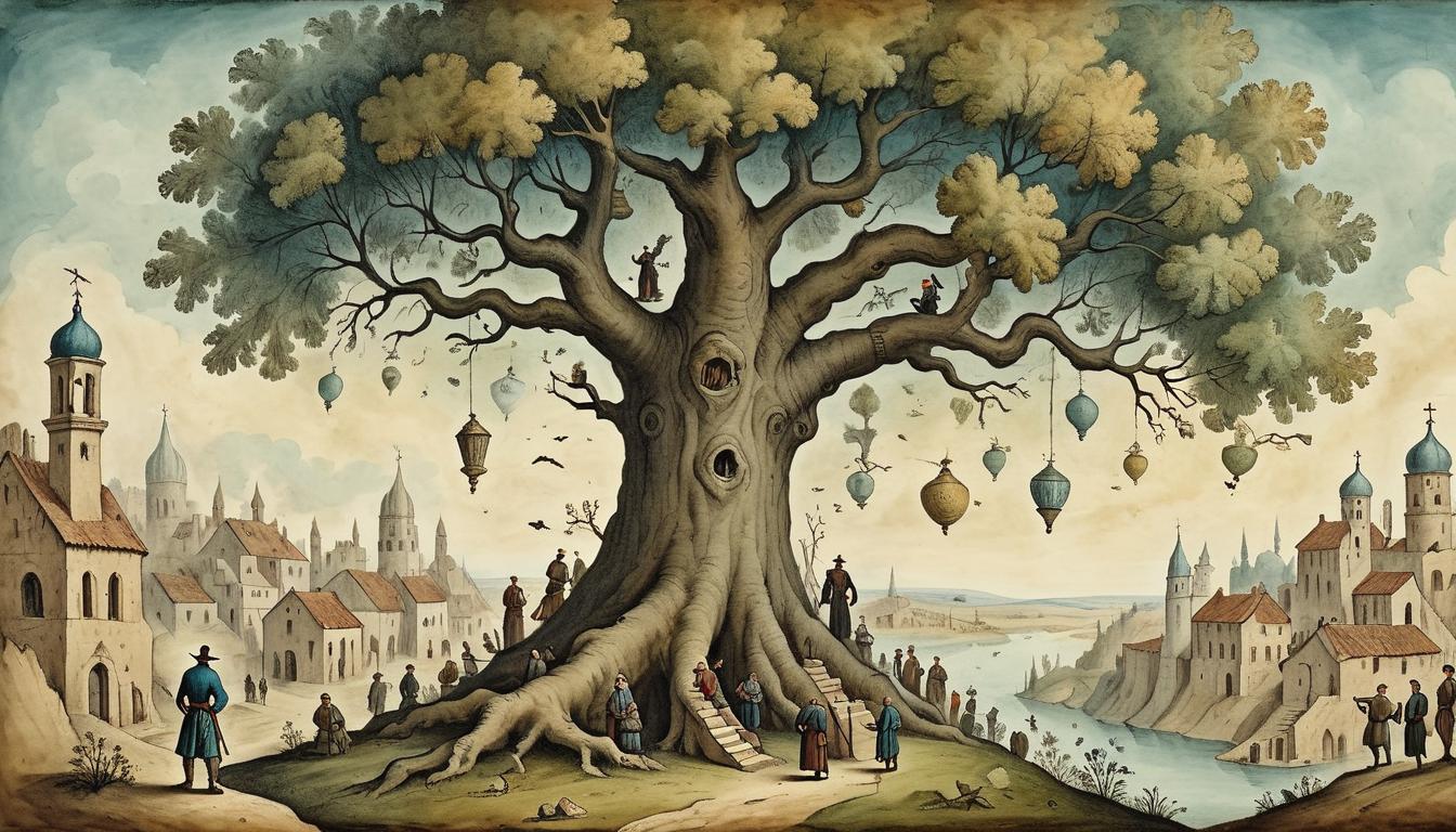  on parchment, surrealism+++, Curious man, climbing a tree, determined expression, historical Jericho, scattered onlookers, fascination, pursuit of insight(mysterious, provocative, symbolic,muted color)+++