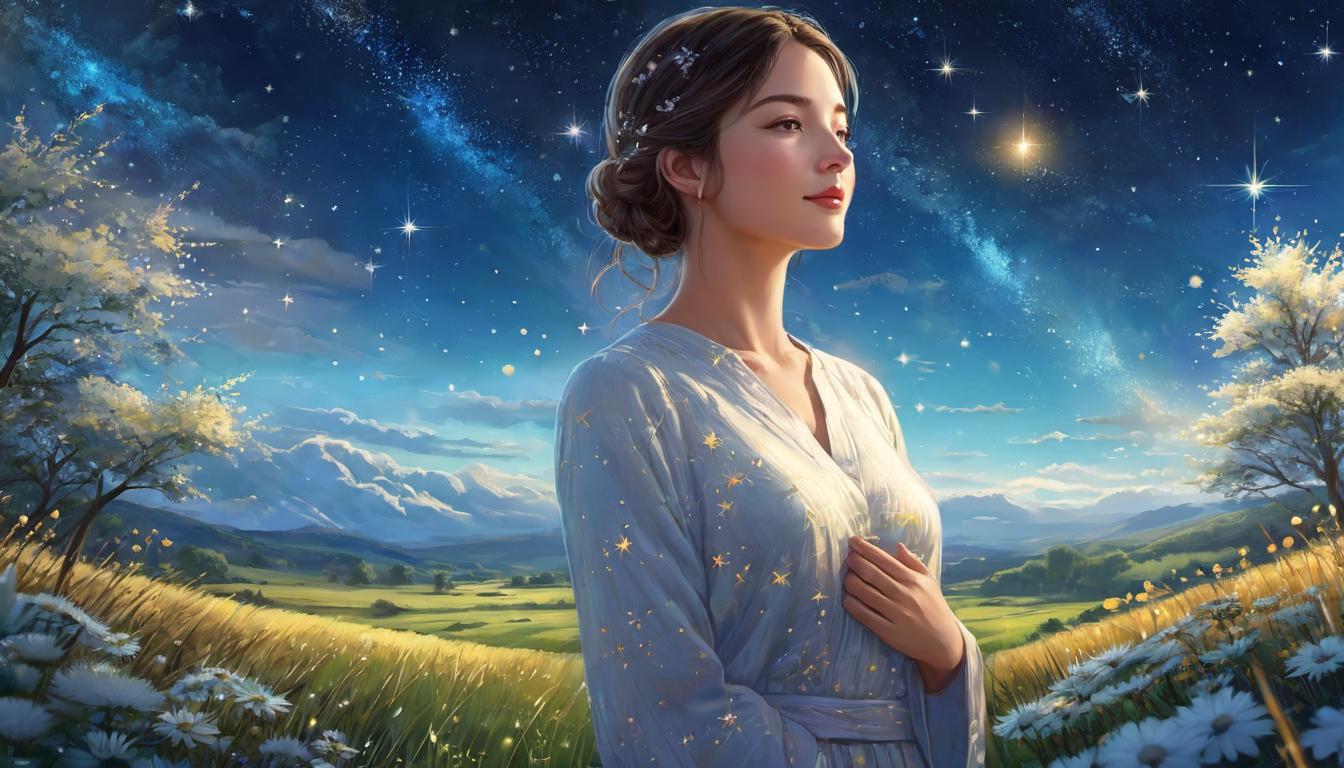  digital illustration, 1woman, looking into a bright sky filled with stars, hands over heart, serene expression, background of open meadows, sense of self worth, peace, looking at viewer, dynamic pose, (intricate details, masterpiece, best quality)