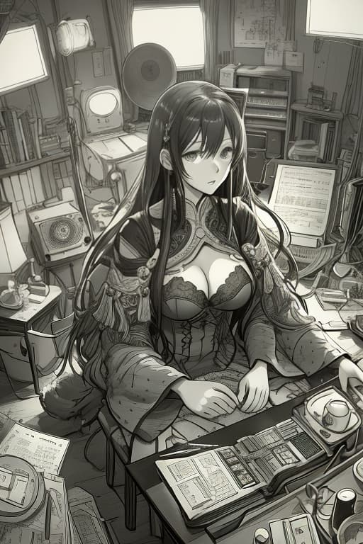  A cozy room with a radio receiver in the foreground, a general plan, many details, scattered items., Sketch, Manga Sketch, Pencil drawing, Black and White, Manga, Manga style, Low detail, Line art, vector art, Monochromatic, by katsuhiro otomo and masamune shirow and studio ghilibi and yukito kishiro hyperrealistic, full body, detailed clothing, highly detailed, cinematic lighting, stunningly beautiful, intricate, sharp focus, f/1. 8, 85mm, (centered image composition), (professionally color graded), ((bright soft diffused light)), volumetric fog, trending on instagram, trending on tumblr, HDR 4K, 8K