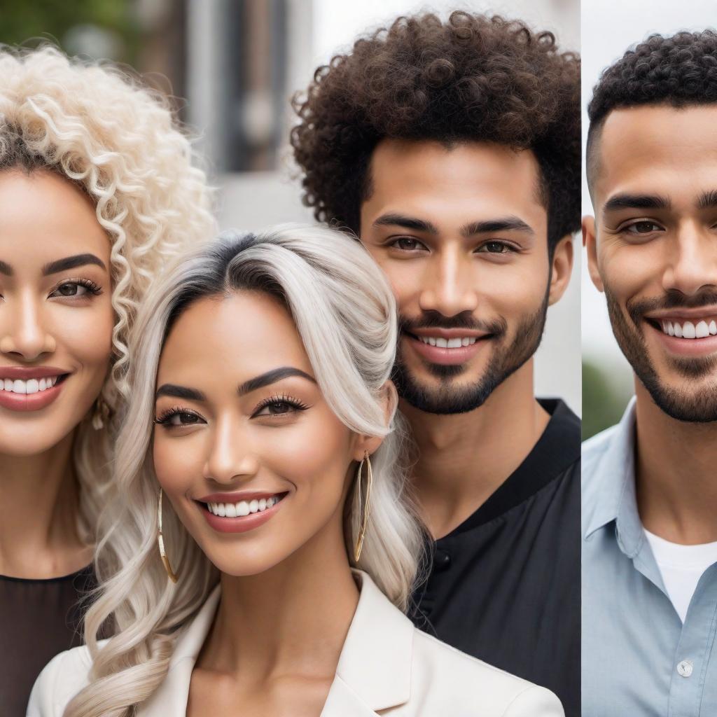  An image of four mixed-race people: 1. A Chinese mixed-race woman. 2. A Middle Eastern white man with curly hair. 3. A Japanese mixed Latino woman with curly white hair. 4. A mixed-race African-European man with wavy blond hair tied back. They are standing together and smiling, comfortably dressed and with a casual, approachable demeanor. The background is simple and light to keep the focus on them. hyperrealistic, full body, detailed clothing, highly detailed, cinematic lighting, stunningly beautiful, intricate, sharp focus, f/1. 8, 85mm, (centered image composition), (professionally color graded), ((bright soft diffused light)), volumetric fog, trending on instagram, trending on tumblr, HDR 4K, 8K