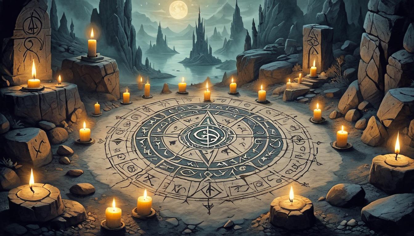  on parchment, surrealism+++, Arcane symbol etched into rocky ground, glowing softly, surrounded by candles and runes, ancient, mysterious(mysterious, provocative, symbolic,muted color)+++