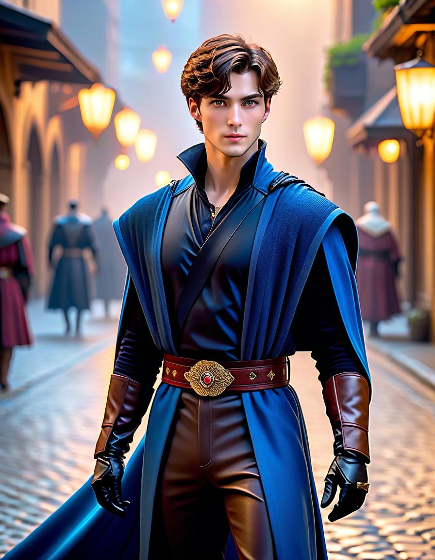  cinematic photo Tall guy, with short brown hair, and crossed eyes. He's wearing a blue mantle with a belt at the waist. Leather chest piece. His pants are black. He has black gloves without fingers. . 35mm photograph, film, bokeh, professional, 4k, highly detailed hyperrealistic, full body, detailed clothing, highly detailed, cinematic lighting, stunningly beautiful, intricate, sharp focus, f/1. 8, 85mm, (centered image composition), (professionally color graded), ((bright soft diffused light)), volumetric fog, trending on instagram, trending on tumblr, HDR 4K, 8K