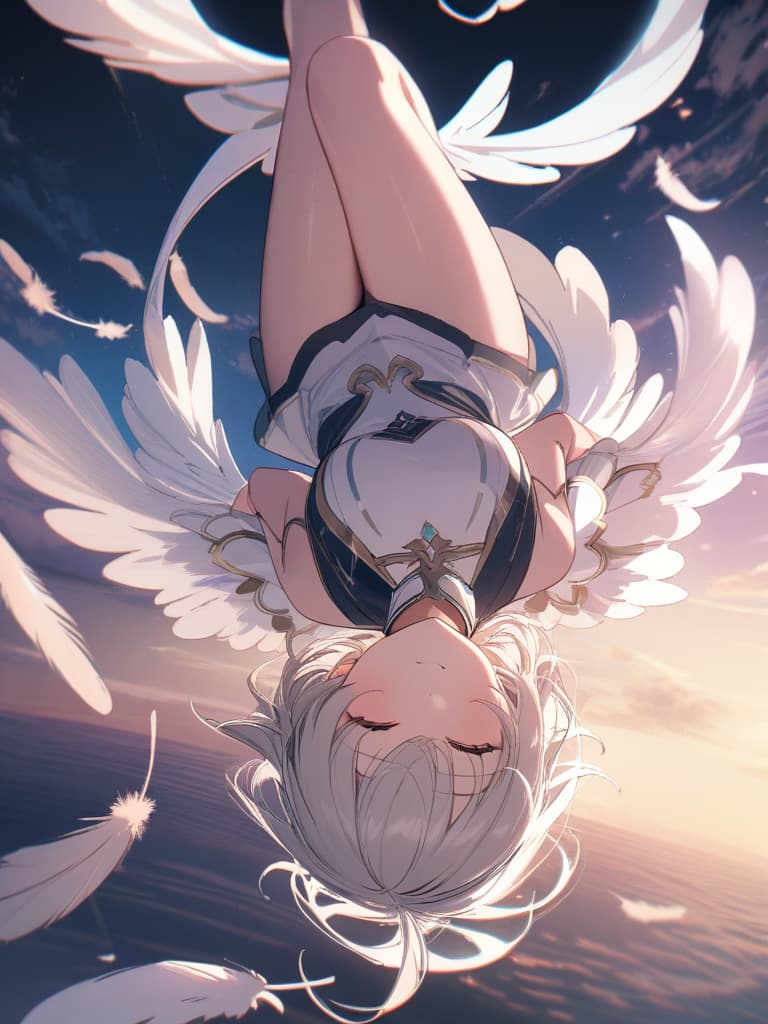  ultra detailed:1.2masterpiece:1.2,best quality,masterpiece,bestquality,hdr:1.1,8k:1.1,very cute girl:1.3,closed eyes:1.1,(cowboy shot:1.2),(angel wing:1.7),(angel halo:1.3),(falling sky:1.3),(feathers :1.3),(flip upside down:1.7),Fallon angle:1.4,from front:1.4,close mouth,sleep eyes :,closed legs:1.4,arms down:1.3, masterpiece, best quality,8k,ultra detailed,high resolution,an extremely delicate and beautiful,hyper detail