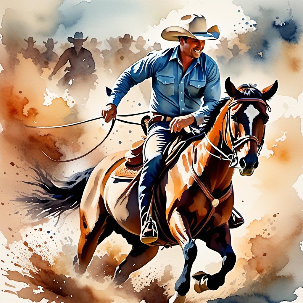  Create a watercolor painting of a man ridding a bucking horse at a rodeo. The background features soft, watercolor style splashes in earthy tones, giving the image an artistic and dreamy feel. Ensure the overall image has a delicate watercolor effect.