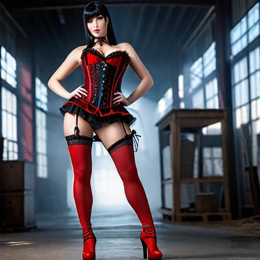  tall woman, anime style, black bangs hair, red corset,stockings, heels,full body, hyperrealistic, full body, detailed clothing, highly detailed, cinematic lighting, stunningly beautiful, intricate, sharp focus, f/1. 8, 85mm, (centered image composition), (professionally color graded), ((bright soft diffused light)), volumetric fog, trending on instagram, trending on tumblr, HDR 4K, 8K hyperrealistic, full body, detailed clothing, highly detailed, cinematic lighting, stunningly beautiful, intricate, sharp focus, f/1. 8, 85mm, (centered image composition), (professionally color graded), ((bright soft diffused light)), volumetric fog, trending on instagram, trending on tumblr, HDR 4K, 8K