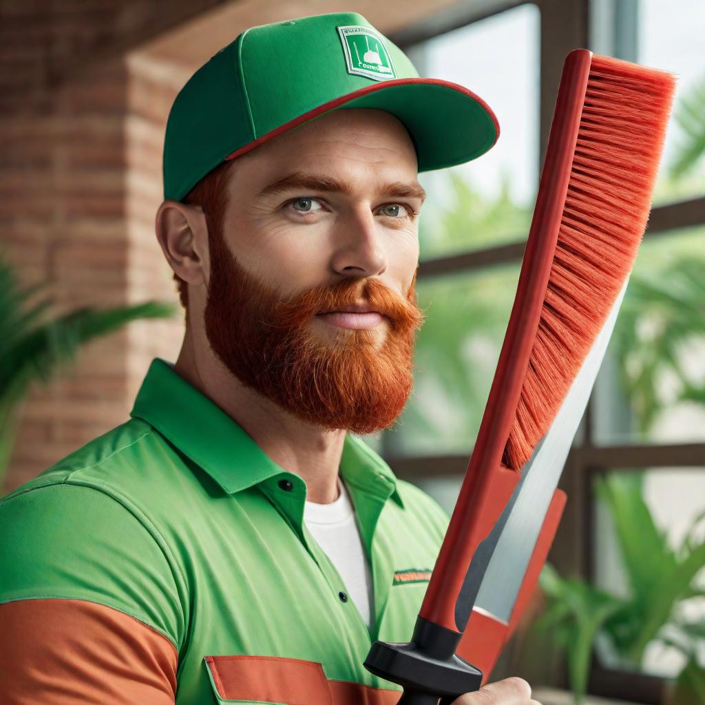  A cartoon-like character with a red beard wearing a hat and holding a squeegee over his shoulder. The character should have a friendly, cheerful expression. The title 'Clear View Window Cleaners' should be prominently displayed on the image. The background should include a window and a palm tree. The design should incorporate the colors lime green, green, blue, and black, and should be suitable for a business logo. hyperrealistic, full body, detailed clothing, highly detailed, cinematic lighting, stunningly beautiful, intricate, sharp focus, f/1. 8, 85mm, (centered image composition), (professionally color graded), ((bright soft diffused light)), volumetric fog, trending on instagram, trending on tumblr, HDR 4K, 8K