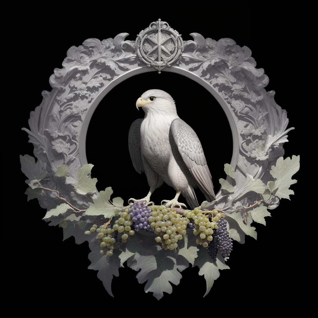  masterpiece, best quality, 8k, masterpiece, silver emblem, vine lose around exposition, a flying falcon in the middle, grapes around exposition,