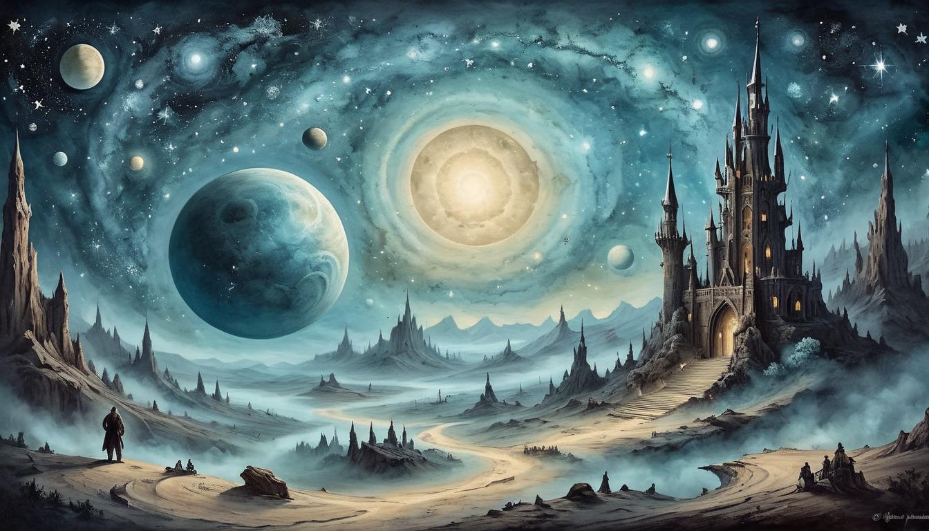  on parchment, surrealism+++, Vast universe backdrop, myriad of stars, spectral galaxy, haunting presence, grandeur of cosmos, enigmatic, ethereal(mysterious, provocative, symbolic,muted color)+++