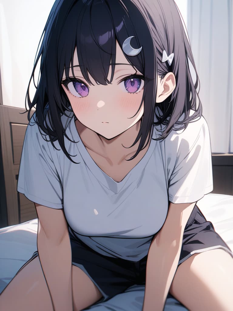  Expressionless,Sitting,leaning forward,white shirt T shirt,shorts,in a room,on a bed,cool girl,Black hair,(purple eyes),short,cropped hair,crescent moon hair ornament,, masterpiece, best quality,8k,ultra detailed,high resolution,an extremely delicate and beautiful,hyper detail