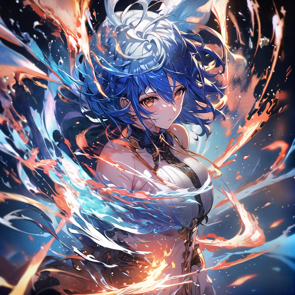  girl with short blue hair surrounded by flames hyperrealistic, full body, detailed clothing, highly detailed, cinematic lighting, stunningly beautiful, intricate, sharp focus, f/1. 8, 85mm, (centered image composition), (professionally color graded), ((bright soft diffused light)), volumetric fog, trending on instagram, trending on tumblr, HDR 4K, 8K