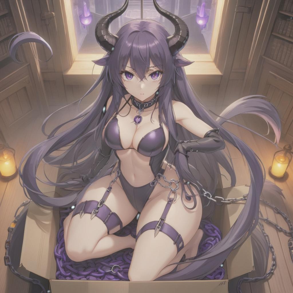  anime artwork (solo, 1 , centred, eye contact, full body, view from up), ((), (deep purple skin), (straight and very long hair)), body ((lean and body), (thin long leather tail), (flat )), head (pointy ears, (black eyes with glowing iris), ( lips), (big eyes), (one fang), (very small curvy horns)), place (chained, sit on , in big box, the threshold of the house) . anime style, key visual, vint, studio anime, highly detailed hyperrealistic, full body, detailed clothing, highly detailed, cinematic lighting, stunningly beautiful, intricate, sharp focus, f/1. 8, 85mm, (centered image composition), (professionally color graded), ((bright soft diffused light)), volumetric fog, trending on instagram, trending on tumblr, HDR 4K, 8K