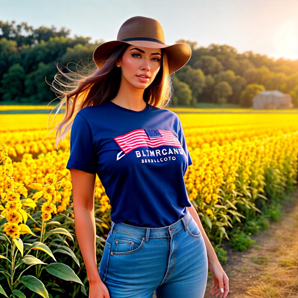  a beautiful American girl in farm, jeans and tshirt hyperrealistic, full body, detailed clothing, highly detailed, cinematic lighting, stunningly beautiful, intricate, sharp focus, f/1. 8, 85mm, (centered image composition), (professionally color graded), ((bright soft diffused light)), volumetric fog, trending on instagram, trending on tumblr, HDR 4K, 8K