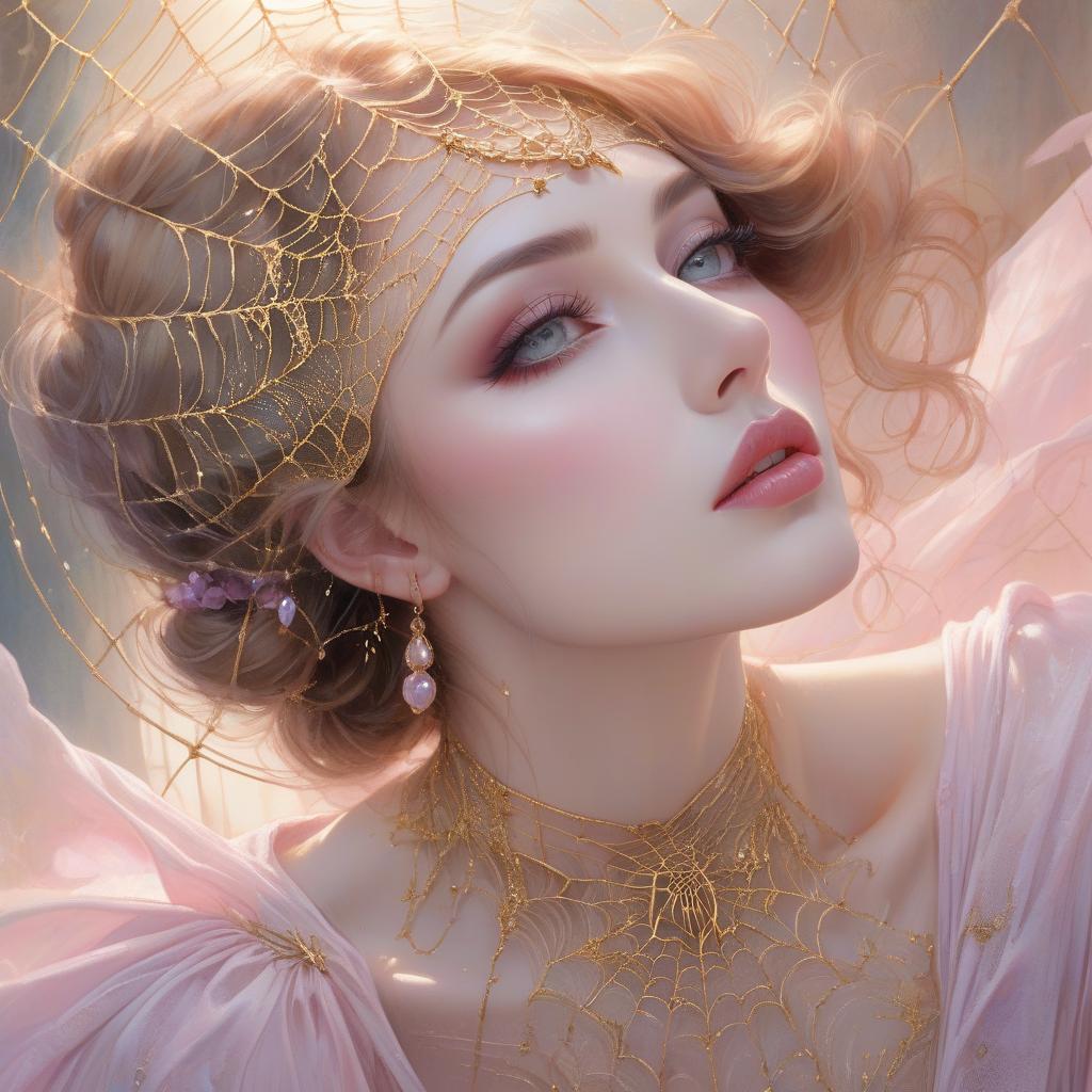  delicate pastel watercolour painting of a beautiful woman, captivated by her vintage elegance, made from finely spun gold thread and filigree spider webs, beautiful clear realistic detailed eyes, sensual mouth with light pink lipgloss, light rays; loose watercolor with drips, ultra soft dreamy colors, aquarelle by Yoann Lossel, Yigal Ozeri, volumetric lighting, great depth and scale, misty background, DOF hyperrealistic, full body, detailed clothing, highly detailed, cinematic lighting, stunningly beautiful, intricate, sharp focus, f/1. 8, 85mm, (centered image composition), (professionally color graded), ((bright soft diffused light)), volumetric fog, trending on instagram, trending on tumblr, HDR 4K, 8K