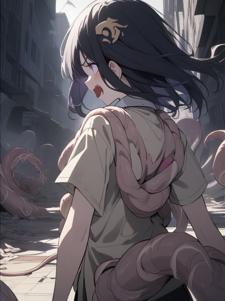  ((Tentacles coming out of the back,beige Tentacles,beige feeler,beige sharp tentacle))1.8,((Anger,screaming,hatred))1.2,murderous intent,mouths open,running,tattered clothes,rubble,collapsed buildings,cool girl,Black hair,(purple eyes),short,cropped hair,crescent moon hair ornament, masterpiece, best quality,8k,ultra detailed,high resolution,an extremely delicate and beautiful,hyper detail