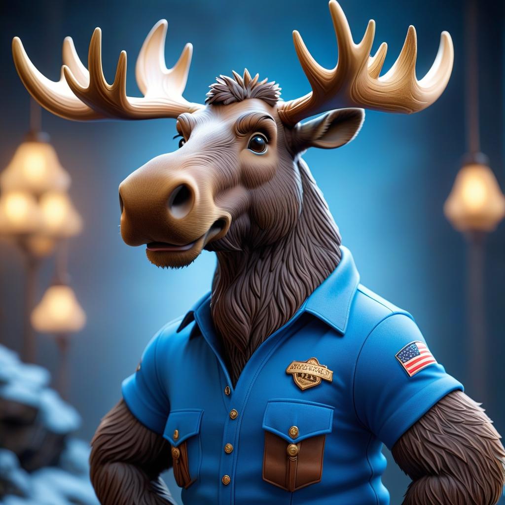  the design of a soft moose mascot toy. Moose in a blue shirt hyperrealistic, full body, detailed clothing, highly detailed, cinematic lighting, stunningly beautiful, intricate, sharp focus, f/1. 8, 85mm, (centered image composition), (professionally color graded), ((bright soft diffused light)), volumetric fog, trending on instagram, trending on tumblr, HDR 4K, 8K