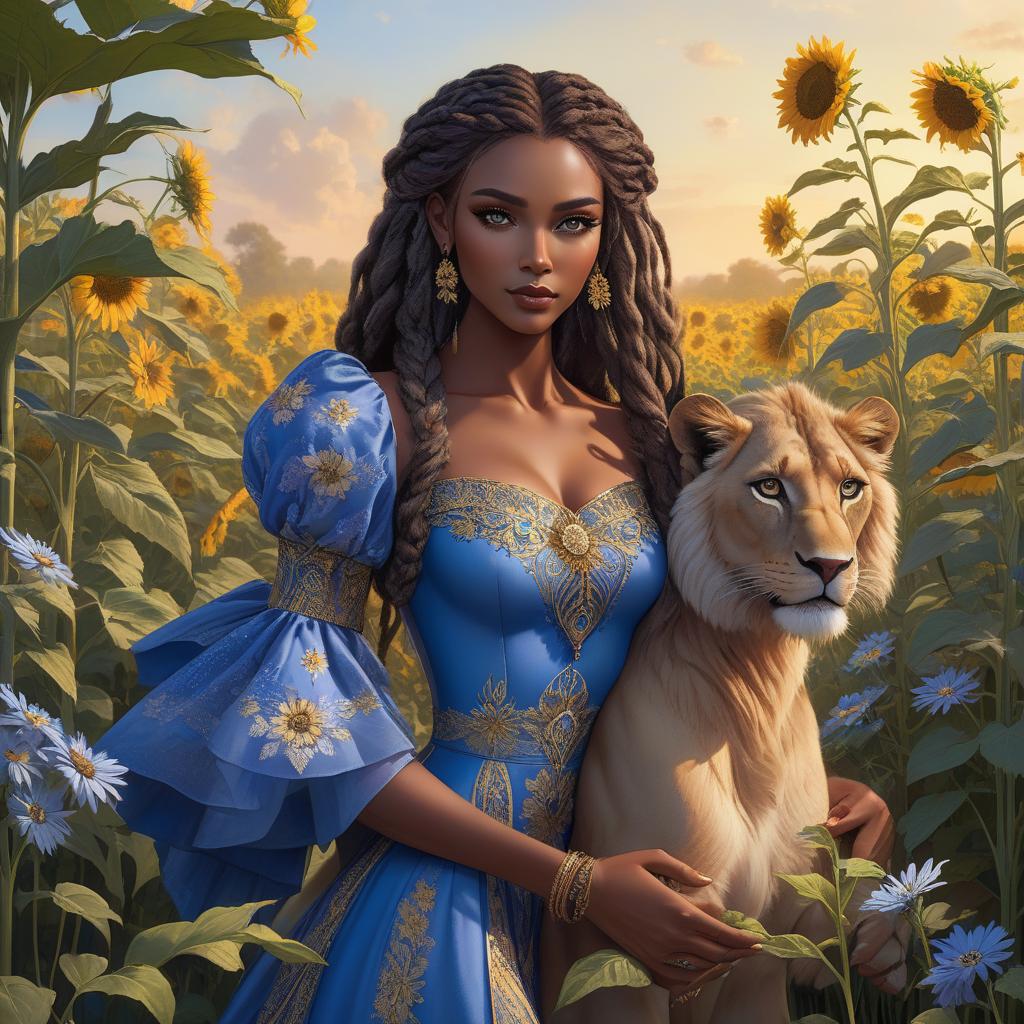  A with striking eyes holds a young lion amidst a sunflower field at sunset. Her hair is adorned with blue flowers, matching her dress. A young African with a rich, dark complexion and large, round, expressive dark brown eyes. She has full lips and a small, delicate nose. Her face is framed by long, dreadlocks in a natural dark brown color. She wears blue dangly earrings with blue daisies that accentuate her eyes. The wears a bright royal blue dress with puff sleeves, which has intricate gold embroidery and daisy embellishments that match her earrings. In her arms she tenderly holds a young lion, whose gentle, catty eyes and soft features convey a feeling of trust and security. The lion's fur is a traditional lion brow hyperrealistic, full body, detailed clothing, highly detailed, cinematic lighting, stunningly beautiful, intricate, sharp focus, f/1. 8, 85mm, (centered image composition), (professionally color graded), ((bright soft diffused light)), volumetric fog, trending on instagram, trending on tumblr, HDR 4K, 8K