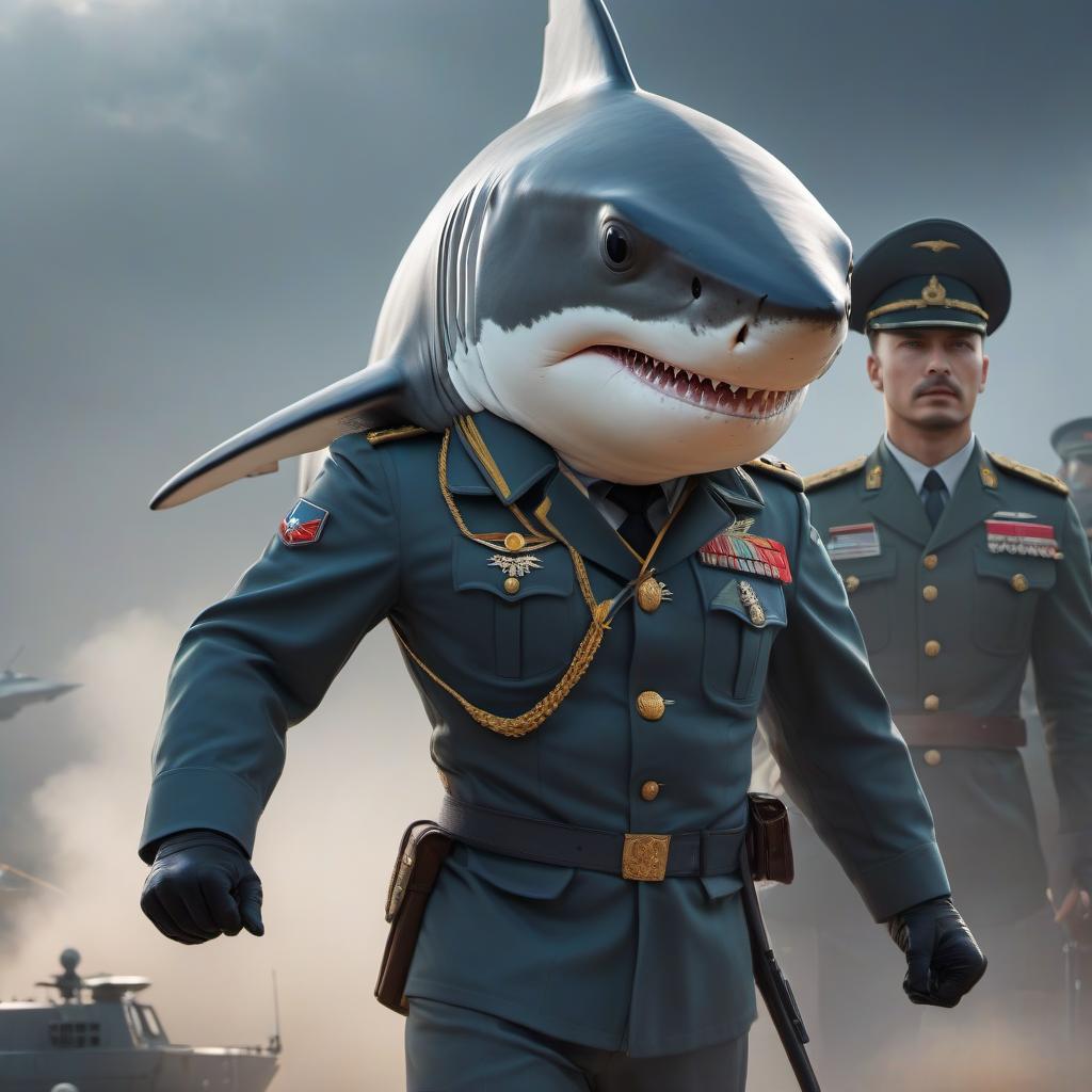  anime artwork A shark in a Russian military uniform with captain's rank insignia saluting. . anime style, key visual, vibrant, studio anime, highly detailed hyperrealistic, full body, detailed clothing, highly detailed, cinematic lighting, stunningly beautiful, intricate, sharp focus, f/1. 8, 85mm, (centered image composition), (professionally color graded), ((bright soft diffused light)), volumetric fog, trending on instagram, trending on tumblr, HDR 4K, 8K