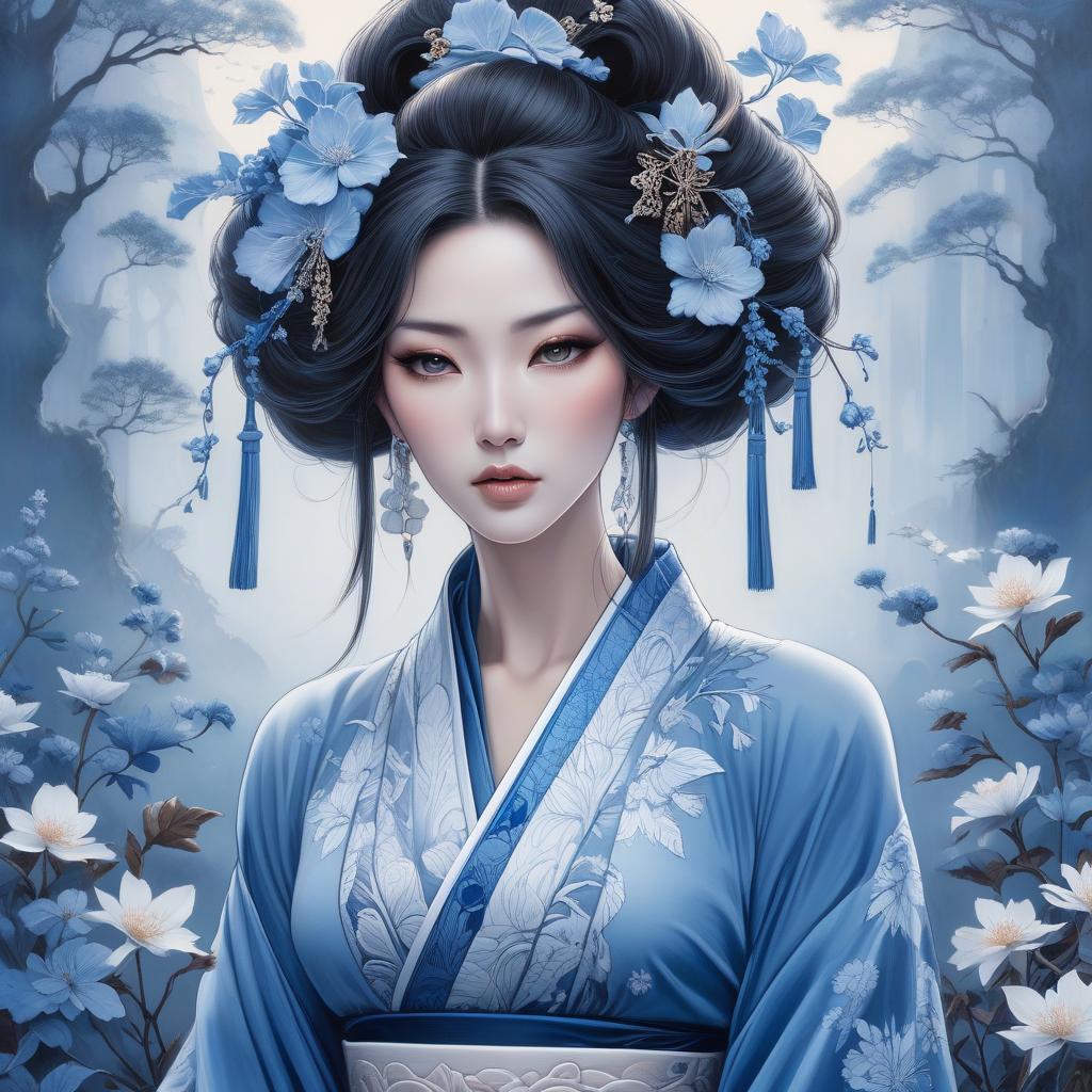  concept art An illustration of a woman with blue tones, detailed floral patterns, and a mystical, ethereal ambiance. Envision a portrait of a Japanese geisha, her countenance tinged with sorrow as a single tear trails from her eye. Her abundant hair frames a face with lips painted a soft blue, while her attire is a complex array of traditional garments. The portrait, reminiscent of Anne Stokes' work, is rendered in a whimsical Zentangle style, boasting an intricate cyanotype design that seems to lift from the canvas in a 3D embossed effect. The color palette is a harmonious blend of delft blue and white, enriched with subtle touches of ginger brown and light pink. This piece is a fantasy encapsulated in an 8k resolution masterpiece, a high hyperrealistic, full body, detailed clothing, highly detailed, cinematic lighting, stunningly beautiful, intricate, sharp focus, f/1. 8, 85mm, (centered image composition), (professionally color graded), ((bright soft diffused light)), volumetric fog, trending on instagram, trending on tumblr, HDR 4K, 8K