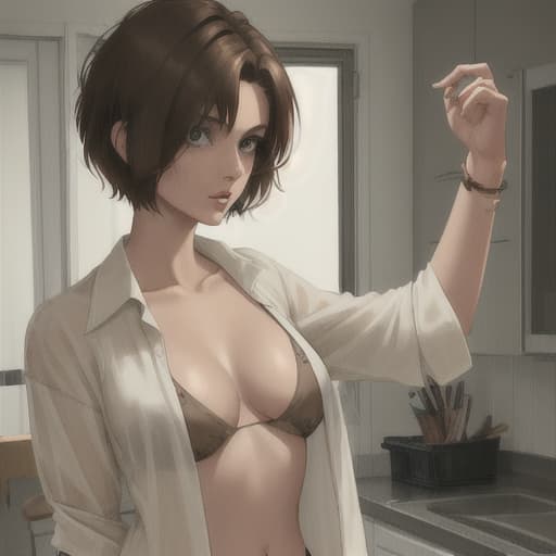  brown-haired woman with short hair, open shirt