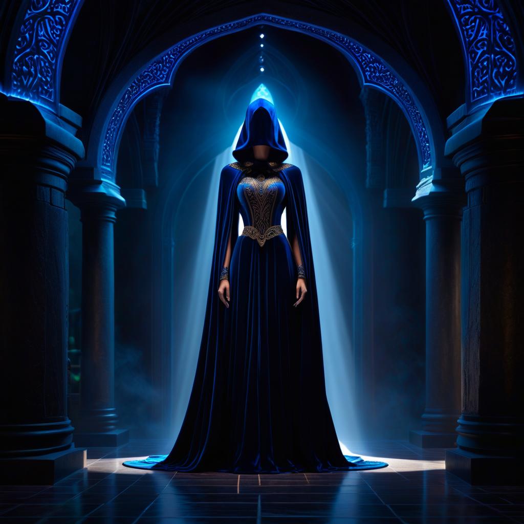  ethereal fantasy concept art of (Image)::Ubara subterranean, executed in blue and black sand: remarkable craftsmanship, meticulous detailing. Two statues standing on either side of a vaulted entrance. The only additional detail was the figure of a cloaked girl standing in the middle of the courtyard. The Queen of Ubar. . magnificent, celestial, ethereal, painterly, epic, majestic, magical, fantasy art, cover art, dreamy, hkmagic, GLOWNEON hyperrealistic, full body, detailed clothing, highly detailed, cinematic lighting, stunningly beautiful, intricate, sharp focus, f/1. 8, 85mm, (centered image composition), (professionally color graded), ((bright soft diffused light)), volumetric fog, trending on instagram, trending on tumblr, HDR 4K, 8K