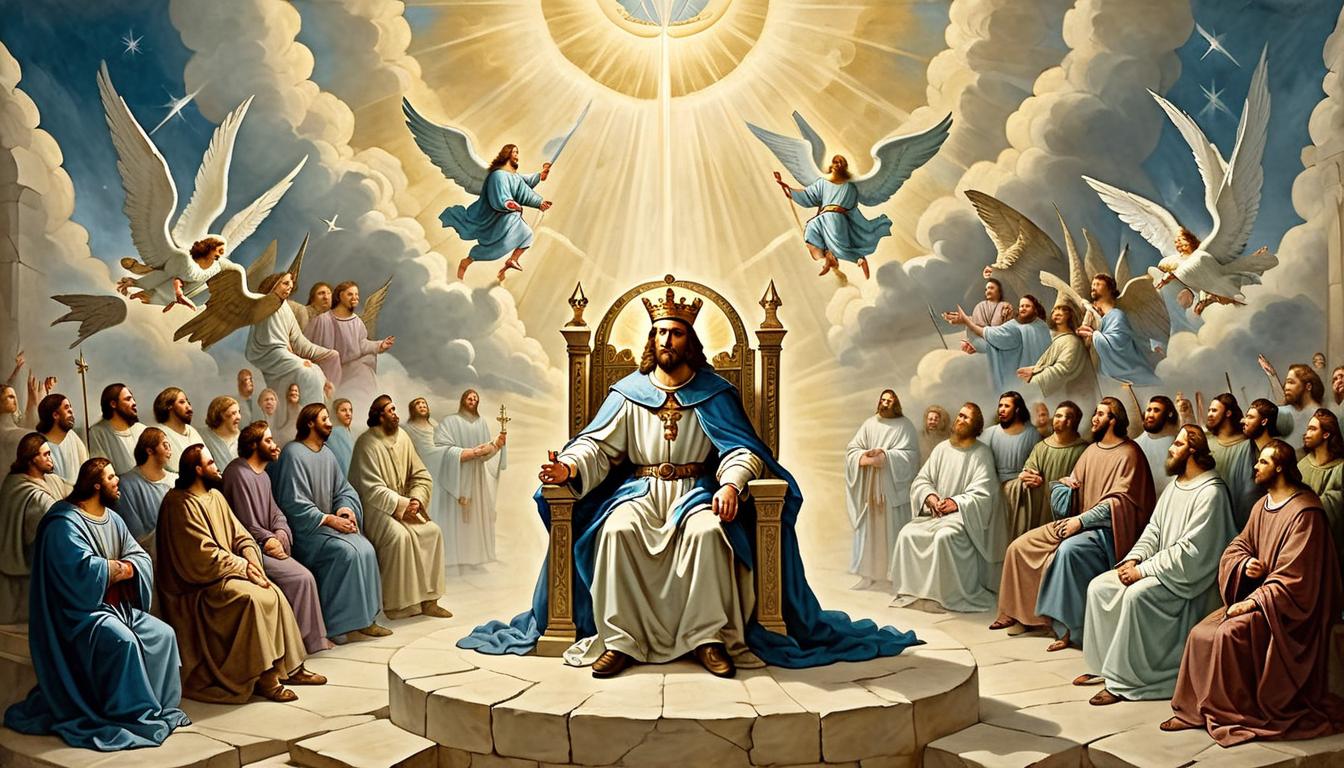  on parchment, surrealism+++, Lord on a high throne, surrounded by angels, beams of divine light, Isaiah kneeling in reverence, awe inspiring, divine(mysterious, provocative, symbolic,muted color)+++