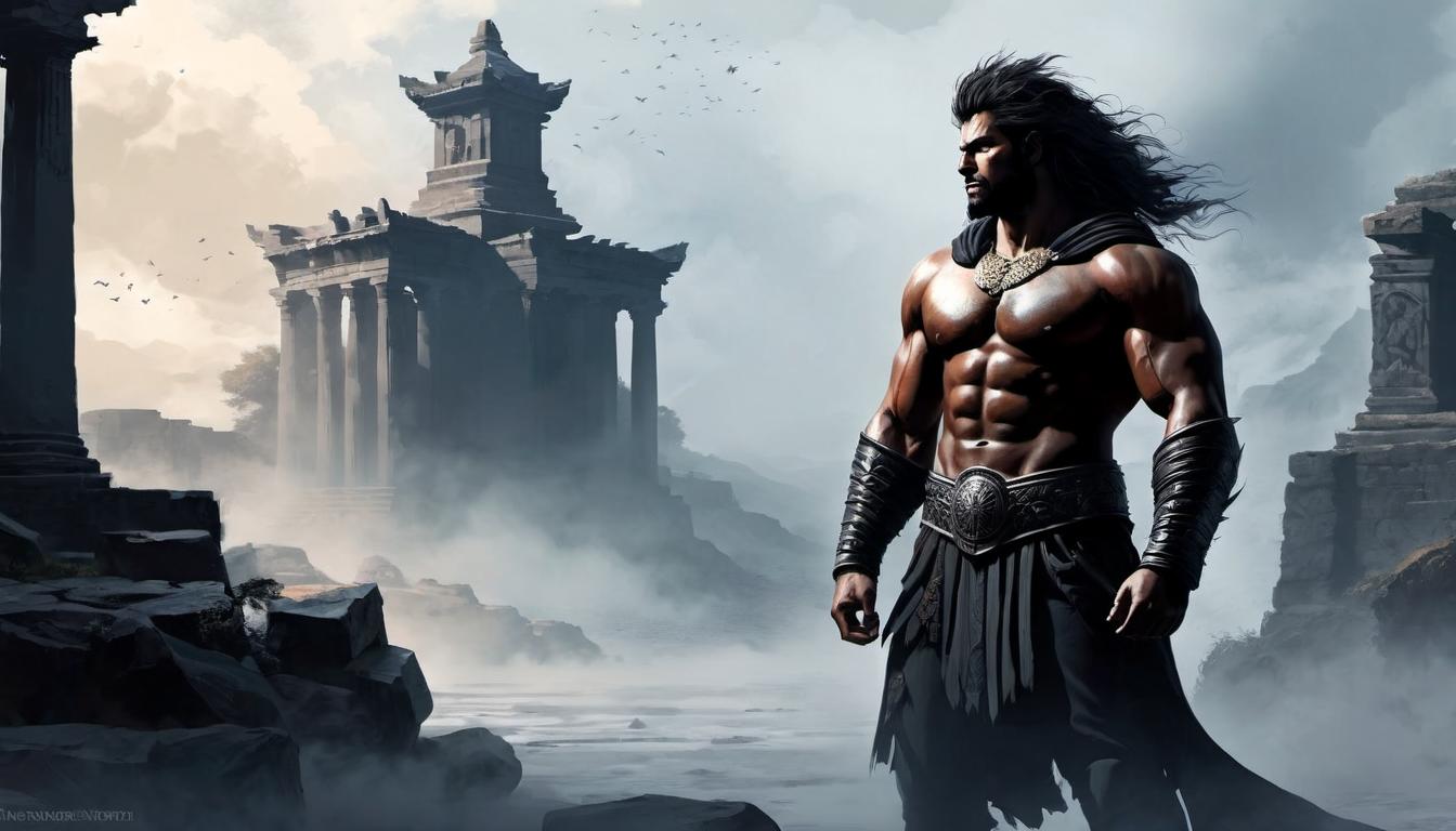  digital painting of a silhouette of a muscular, imposing man standing tall, wild untamed hair, cloak flowing in the wind, background of ancient ruins partly covered in mist, powerful, rebellious looking at viewer, dynamic pose, (intricate details, masterpiece, best quality)