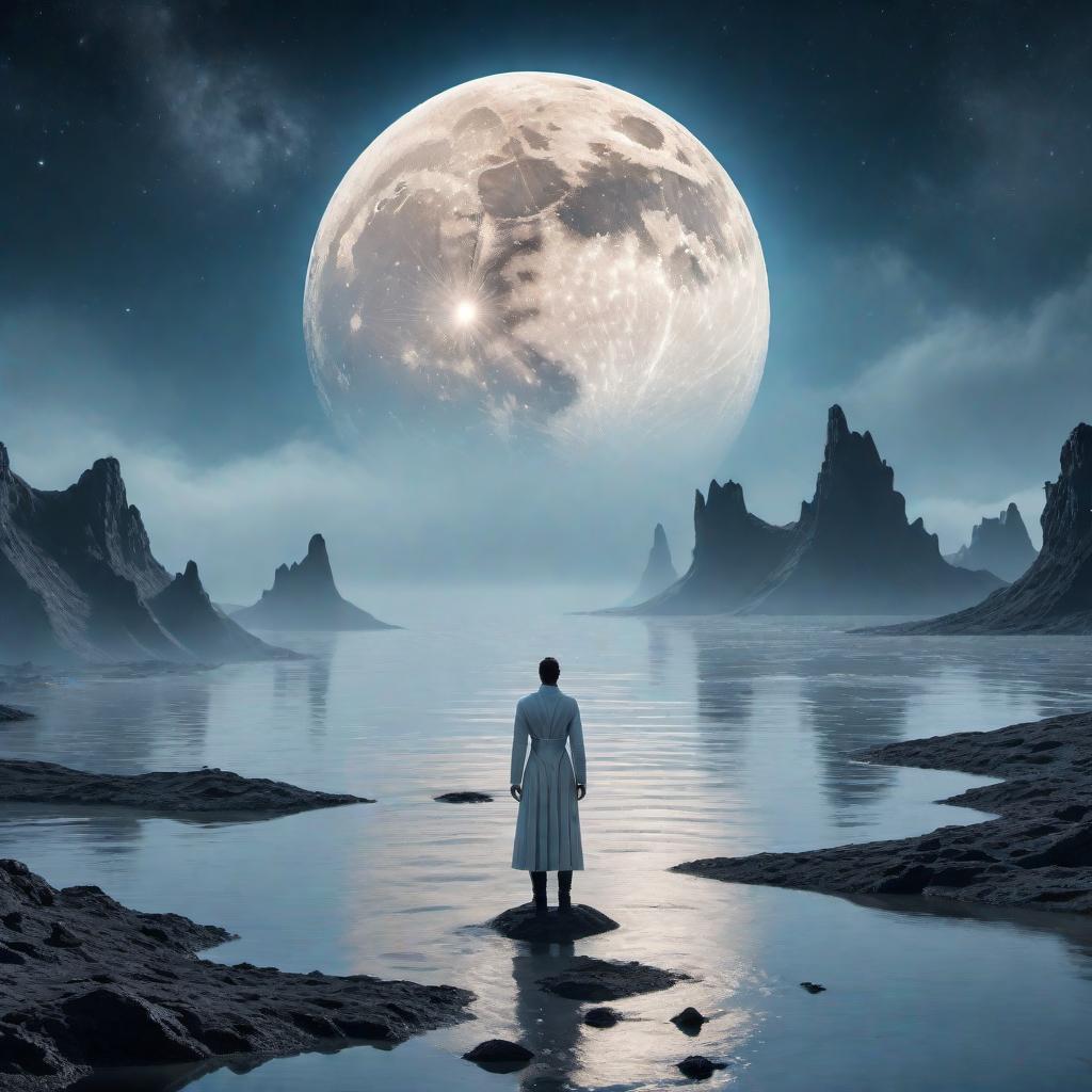  A surreal scene of a person standing on the moon, surrounded by water that doesn’t exist. The water is illustrated as shimmering, ghostly outlines. The person wears breathing tubes, which signify oxygen that hasn’t been created yet, adding a fantastical and dream-like quality to the scene. The moon’s surface is shown in a conceptually stylized manner with non-existent craters and ethereal lighting. hyperrealistic, full body, detailed clothing, highly detailed, cinematic lighting, stunningly beautiful, intricate, sharp focus, f/1. 8, 85mm, (centered image composition), (professionally color graded), ((bright soft diffused light)), volumetric fog, trending on instagram, trending on tumblr, HDR 4K, 8K