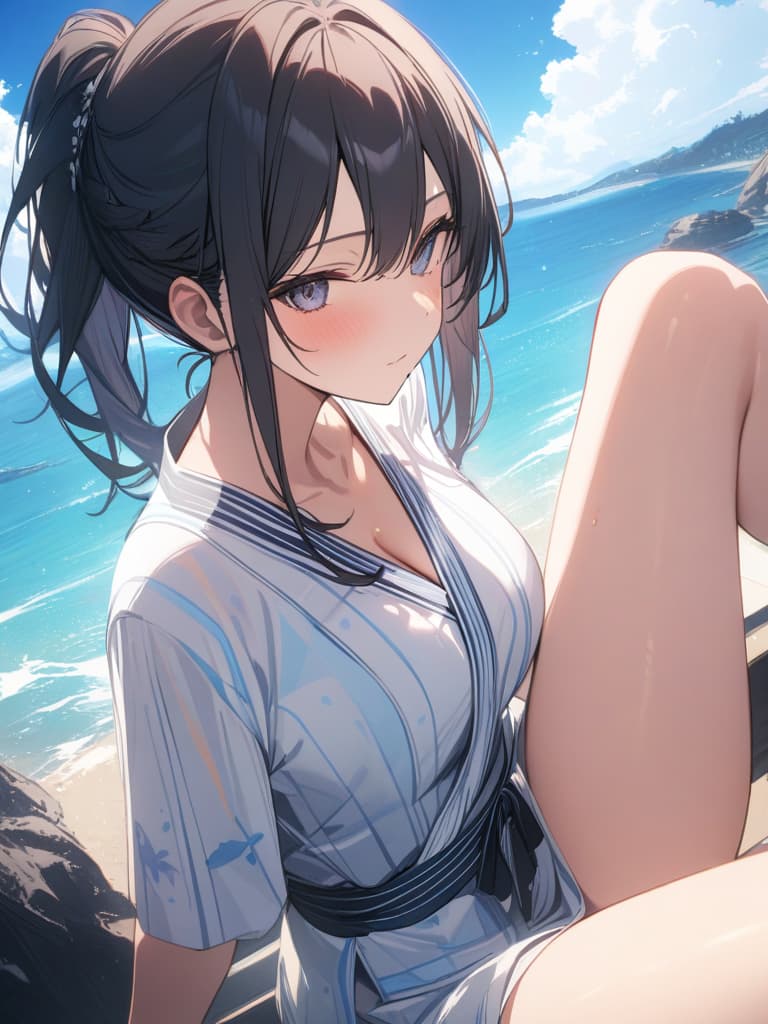  Summer, summer sky, summer yukata, black hair beautiful girl, refreshing, masterpiece, best quality,8k,ultra detailed,high resolution,an extremely delicate and beautiful,hyper detail