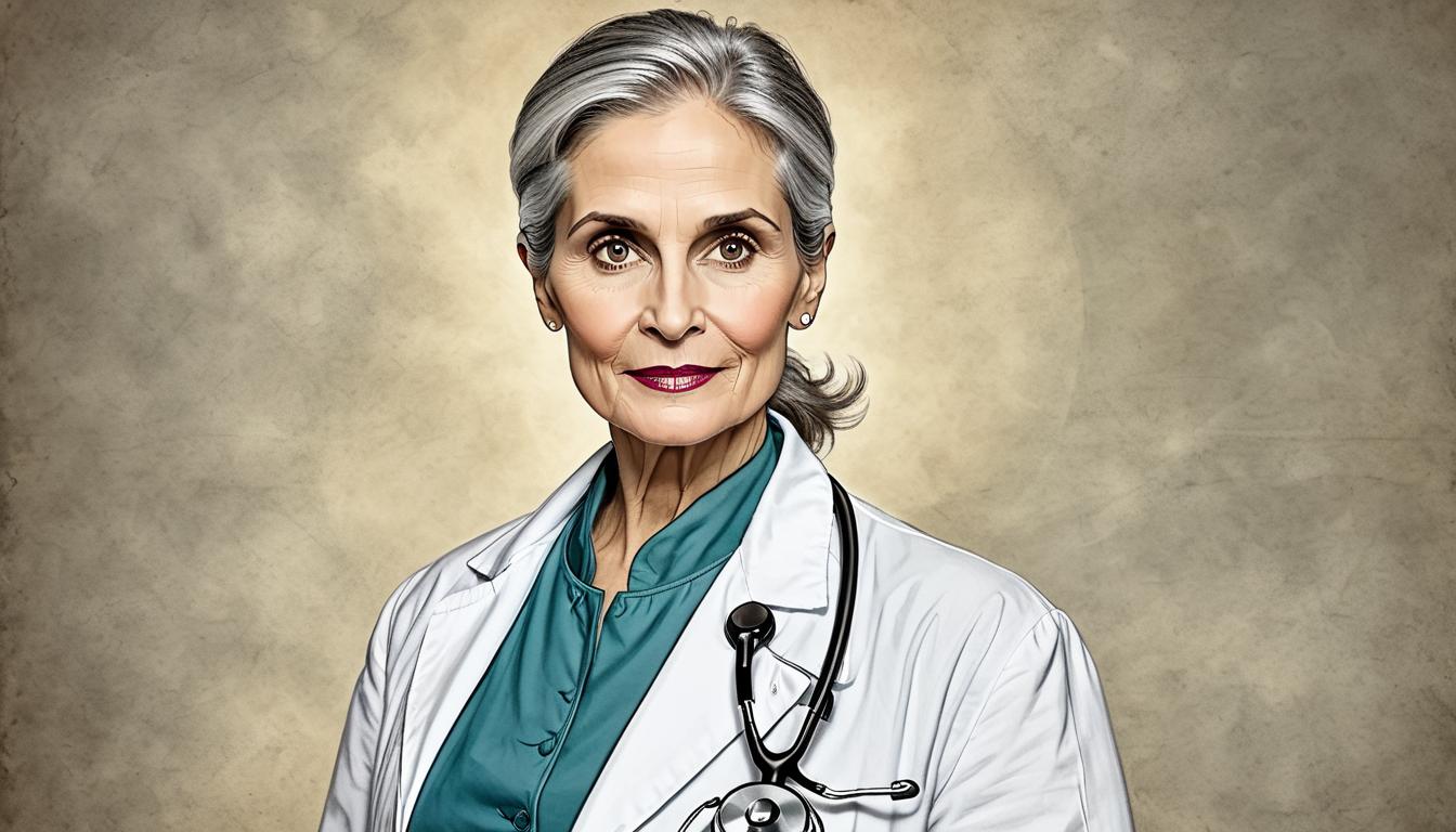  on parchment, surrealism+++, Portrait of Dr. Terry Wahls, female physician, wearing white coat, determined expression, stethoscope around neck, confident and resolute(mysterious, provocative, symbolic,muted color)+++