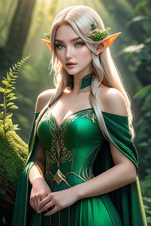  Goddess of nature and wildlife with blonde hair and green eyes. Beautiful with green thorn dress in the sunlight with small elf ears hyperrealistic, full body, detailed clothing, highly detailed, cinematic lighting, stunningly beautiful, intricate, sharp focus, f/1. 8, 85mm, (centered image composition), (professionally color graded), ((bright soft diffused light)), volumetric fog, trending on instagram, trending on tumblr, HDR 4K, 8K