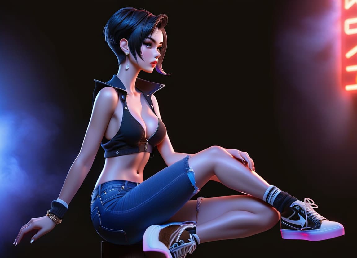  A girl is sitting, with a pixie cut, dark hair, in denim shorts, and white sneakers, profile view. hyperrealistic, full body, detailed clothing, highly detailed, cinematic lighting, stunningly beautiful, intricate, sharp focus, f/1. 8, 85mm, (centered image composition), (professionally color graded), ((bright soft diffused light)), volumetric fog, trending on instagram, trending on tumblr, HDR 4K, 8K