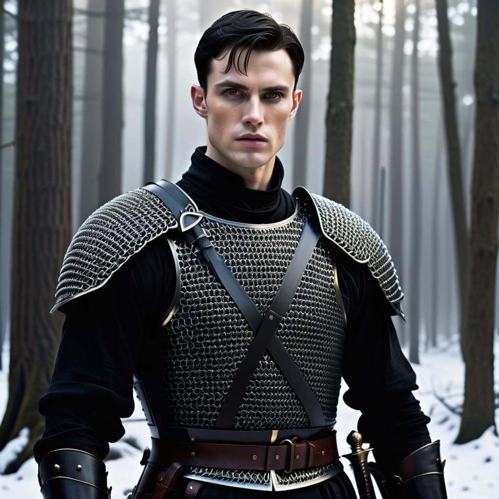  young man, warrior, short dark hair, pale skin, dark eyes, very thin lips, clean shaven face, full height, wearing black chainmail and armor and sword, dark winter forest background, trees in the snow, gothic fantasy style hyperrealistic, full body, detailed clothing, highly detailed, cinematic lighting, stunningly beautiful, intricate, sharp focus, f/1. 8, 85mm, (centered image composition), (professionally color graded), ((bright soft diffused light)), volumetric fog, trending on instagram, trending on tumblr, HDR 4K, 8K