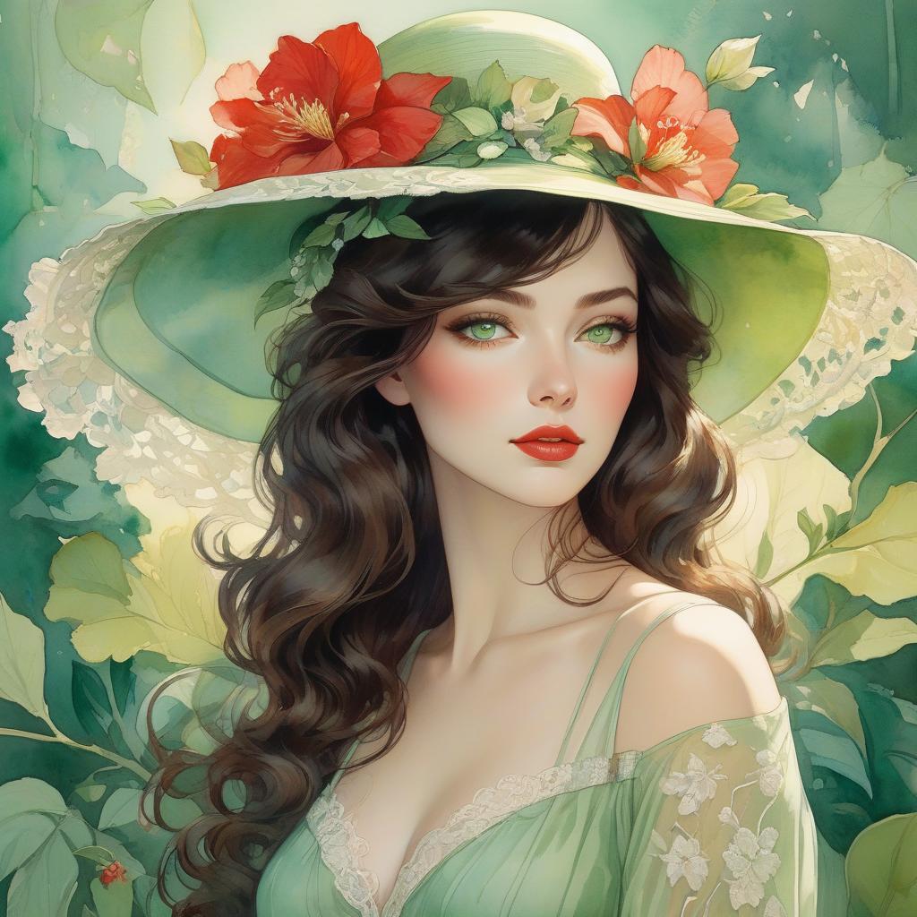  watercolor painting A digital artwork of a woman with green eyes, wavy hair, wearing a broad brimmed hat adorned with a flower, set against a colorful backdrop. Art deco masterpiece by legendary artists that include vlop, Victo Ngai, Annigoni, Milo Manara, Botticelli, Catrin Welz Stein, Jean Metzinger, Gustav Klimt, image of a young woman with a fair complexion and soft facial features. She has charming almond shaped hazel eyes and full lips that add to her serene expression. Her wavy, dark brown hair falls gracefully under a wide brimmed, light green hat decorated with intricate lace patterns and a delicate red flower. The background merges with her form in a dreamy watercolor blend of green, red and hints of yellow, suggesting a mix of fl hyperrealistic, full body, detailed clothing, highly detailed, cinematic lighting, stunningly beautiful, intricate, sharp focus, f/1. 8, 85mm, (centered image composition), (professionally color graded), ((bright soft diffused light)), volumetric fog, trending on instagram, trending on tumblr, HDR 4K, 8K