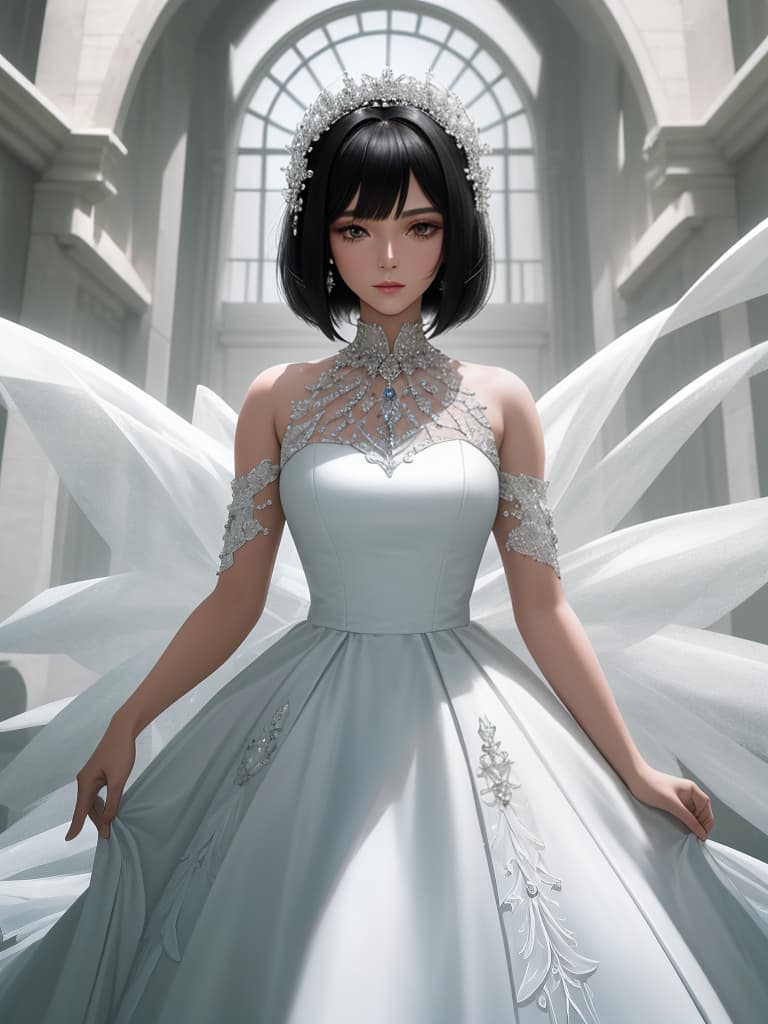  Black hair bob, white dress, masterpiece, best quality,8k,ultra detailed,high resolution,an extremely delicate and beautiful,hyper detail