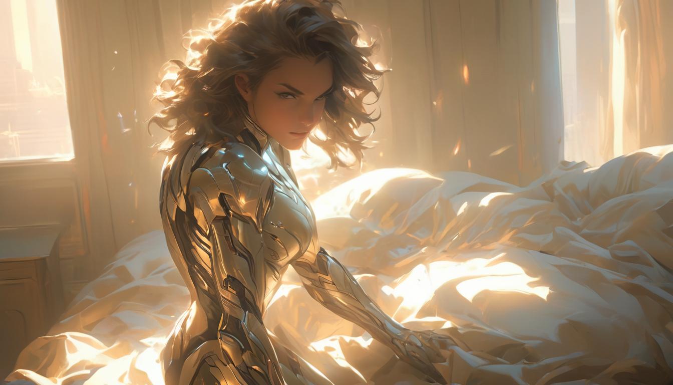  hyperrealism,fantasy aesthetic1woman, large busted brunette arian female humanoid, waking up in a luxurious bed, sunlight streaming through the window, feeling invigorated and alive, high tech clothing clad in sleek, futuristic costume with metallic accents and form fitting designs, marvel superhero comics style, unreal engine rendering